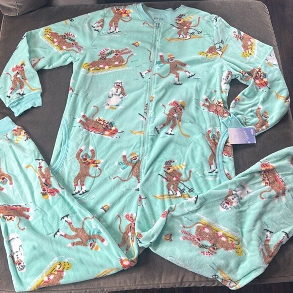 Nick & Nora Adult Teen Unisex Fleece One Piece Sock Monkeys Pajama Size L NWT - Picture 2 of 12